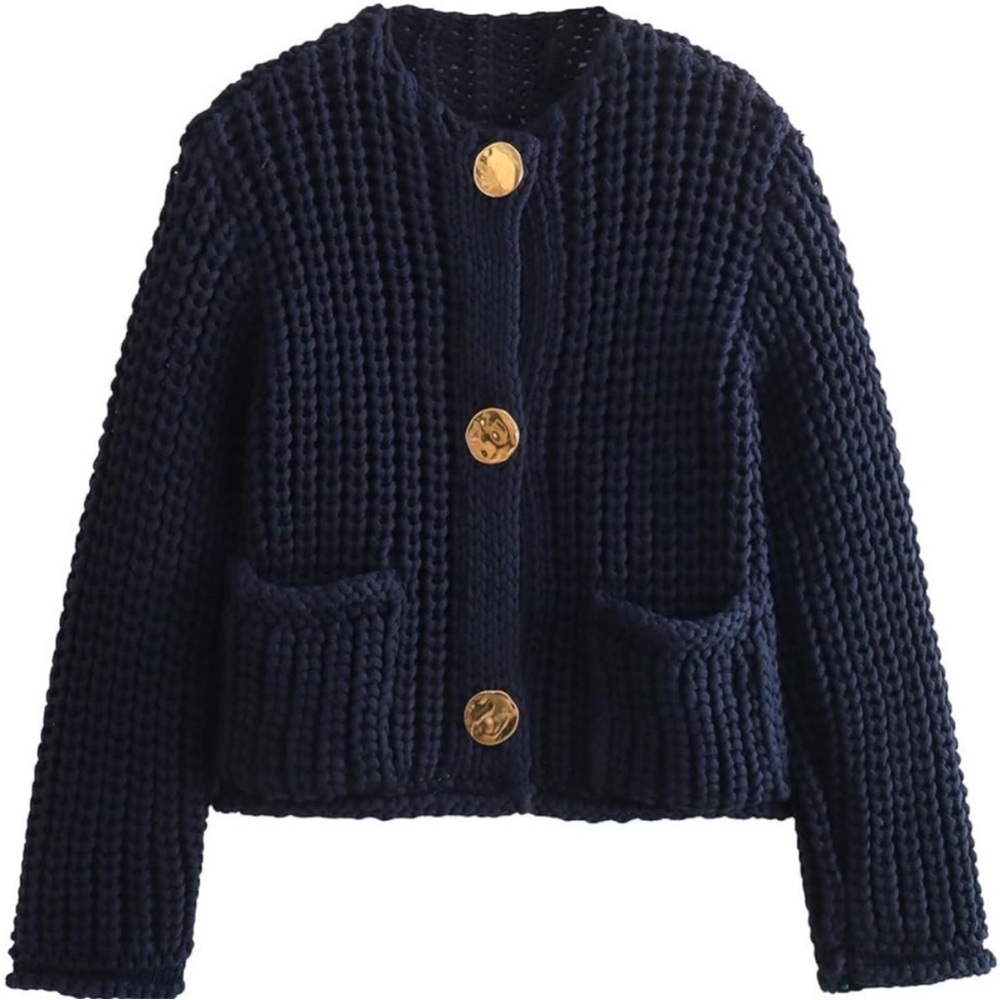 Zara Navy Chunky Knit Cardigan with Gold Buttons